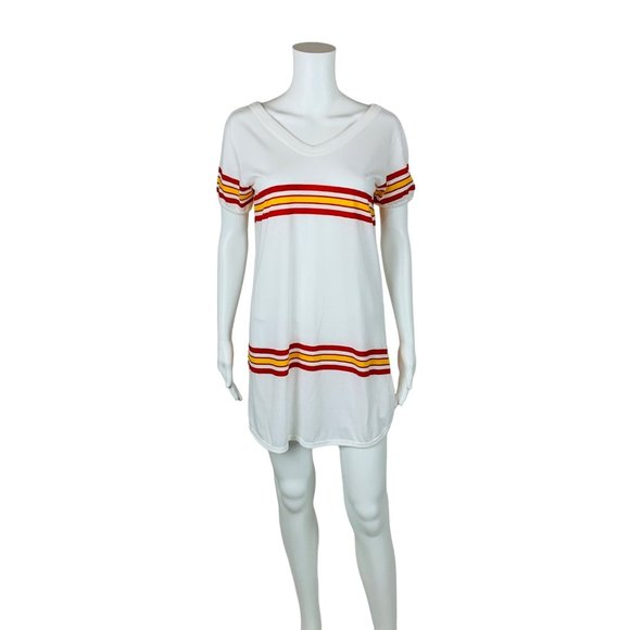 Vintage 70s Red Yellow Striped Tunic Tee V-neck T-Shirt B 37" - Picture 11 of 11